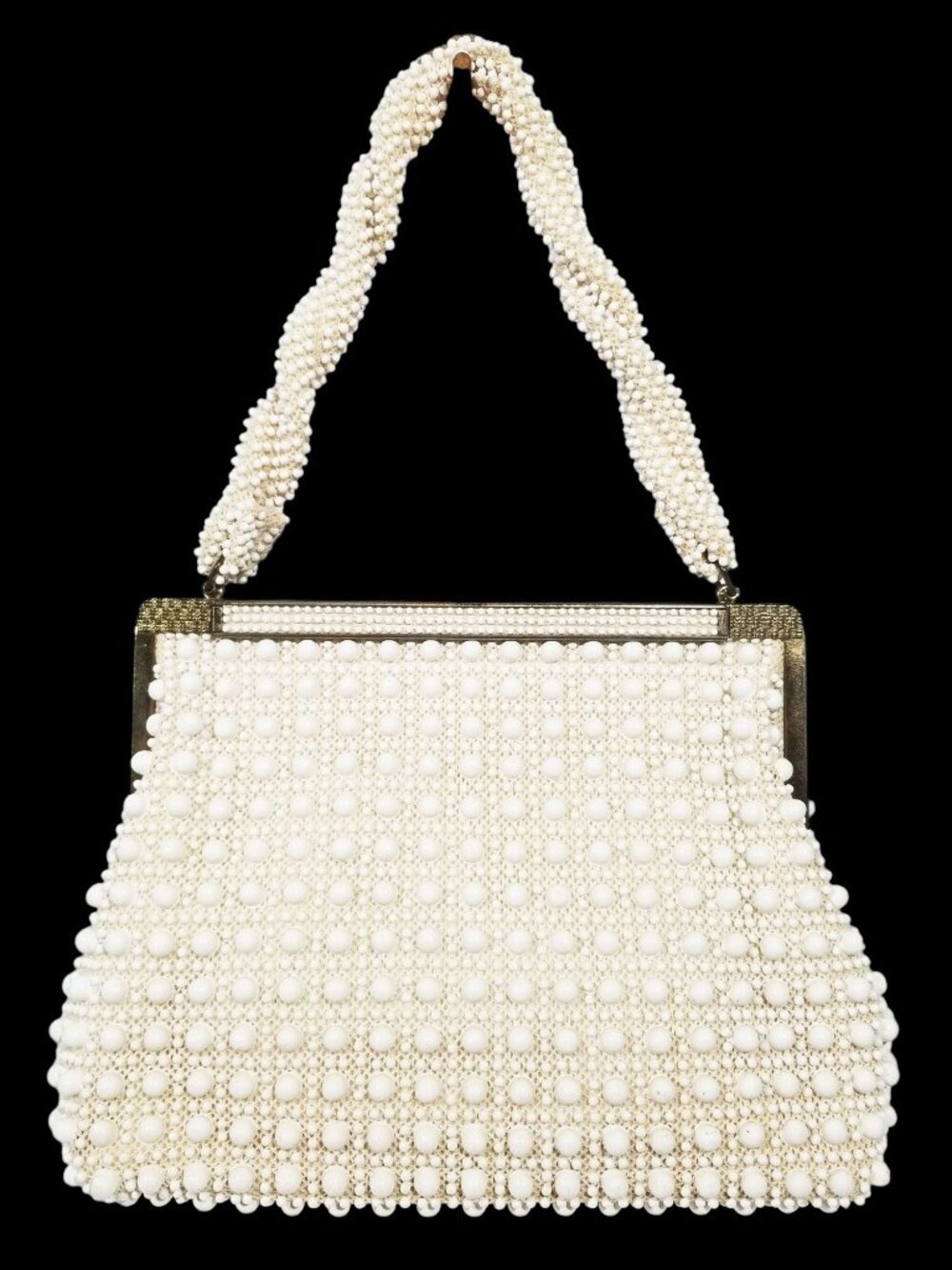 Rare Lumured Croche'-Bead Purse Ivory White Bead Crochet
